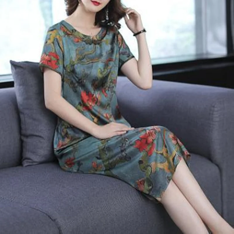 

Silk Print Dress 2019 Summer New Slim Print Vintage Cheongsam Short Sleeve Dress Large Size L-4XL High Quality Elegant vestidos