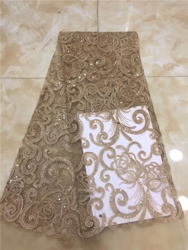 

White latest Handwork Embroidery Tulle lace with Sequinsafrican 3d fabrics with sequins french tulle sequin lace fabric brown(4