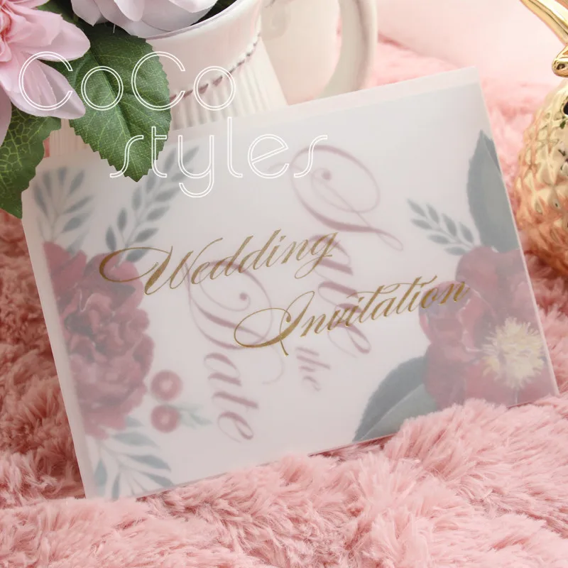 

Cocostyles bespoke vintage floral printing invitation card with tracing paper matching envelope for lawn wedding invitations
