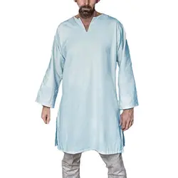 2019 Повседневное V образным вырезом однотонное Для мужчин средневековый длинная рубашка сценический костюм комплект одежды с длинными