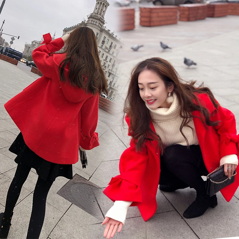 

Women's short woolen coat Long sleeve Hooded Drop-shoulder Plus size 2019
