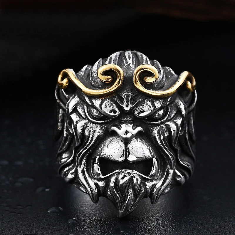 cheap Punk Style Stainless Steel Monkey King Men Finger Rings Male Punk Retro Jewelry Gold Silver Color Drop Shipping