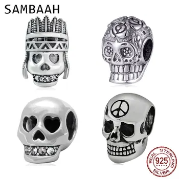 

Sambaah Day of Dead Sugar Skull Charm 925 Antique Sterling Silver Beads fit European Halloween and Mexican Bracelet