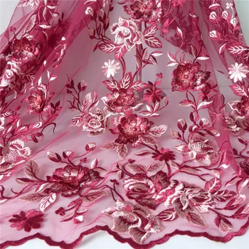 

Luxury 3D Blossom Flower Mesh Lace Fabric With Pearl Beaded Wine Red Color For Party Dress, Curtains 1 Yard