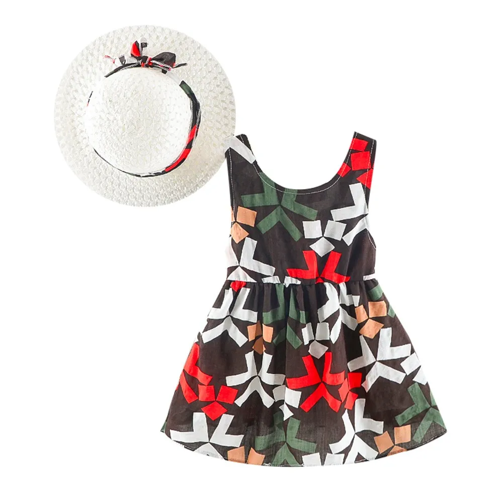 

Summer Newborn Baby Girls Print Bowknot Princess Dress+Hat Casual Clothes Set girl dresses kids casual vestidos infantil #sg