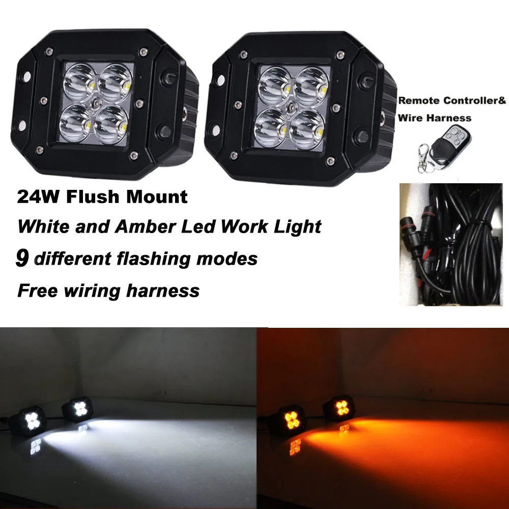 

Honzdda 24w flush mount Led Work Light 12V Amber White led warning lights 9 Flashing Modes ATV UTV fog lights Free Wire Harness