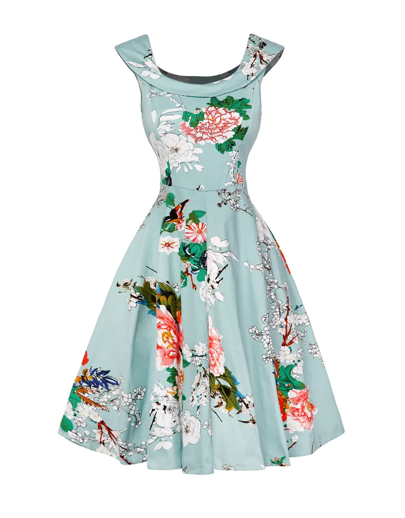 Kostlish A-Line Women Summer Dress Audrey Hepburn 50s 60s Floral Print Vintage Dress Women 2017 O-Neck Party Dresses Plus Size (114)