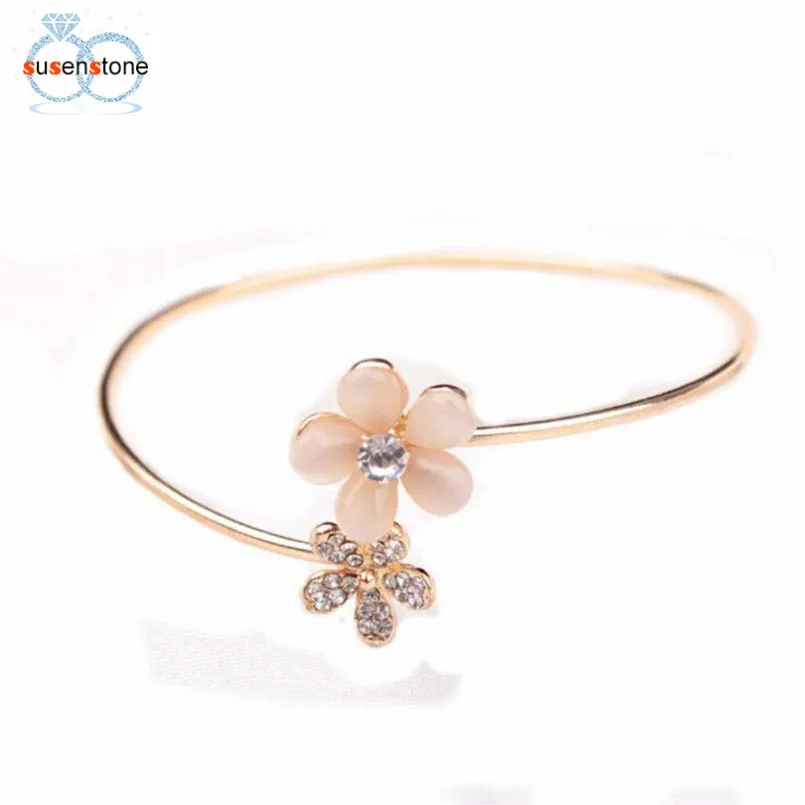 

SUSENSTONE 2017 Lady Crystal Double Five Leaf Open Bangles Bracelet