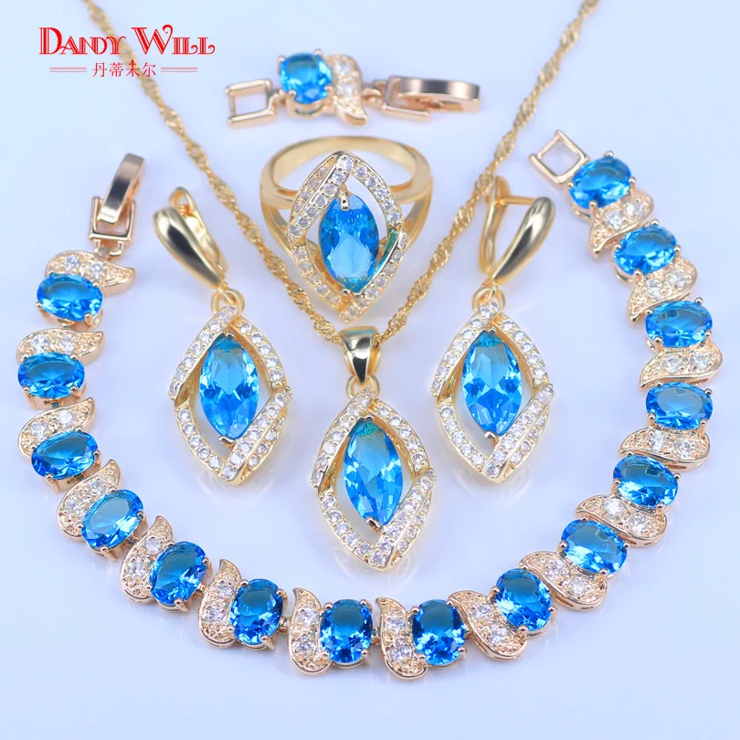 Marquise небесно-голубой кристалл белый создан AAA циркон золотого цвета ожерелье/кулон/серьги/кольца/Браслеты Ювелирные наборы для женщин