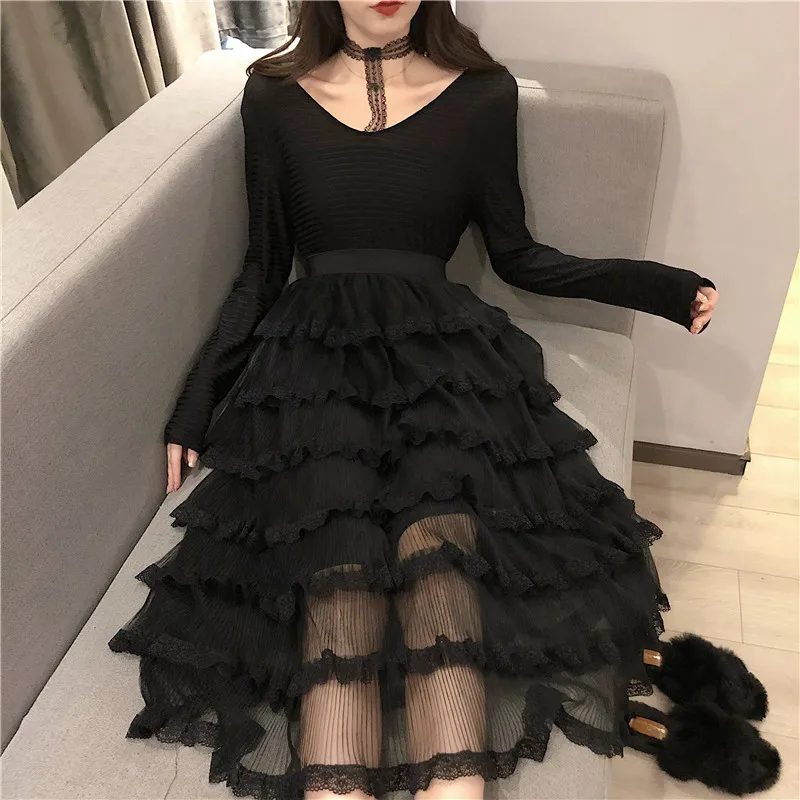 

Princess Cake Style Ruffles Layers Mesh Skirt Long Elastic Waist Tulle Skirt Jupe Longue Falda Larga Gonne Gonna Saia Spring