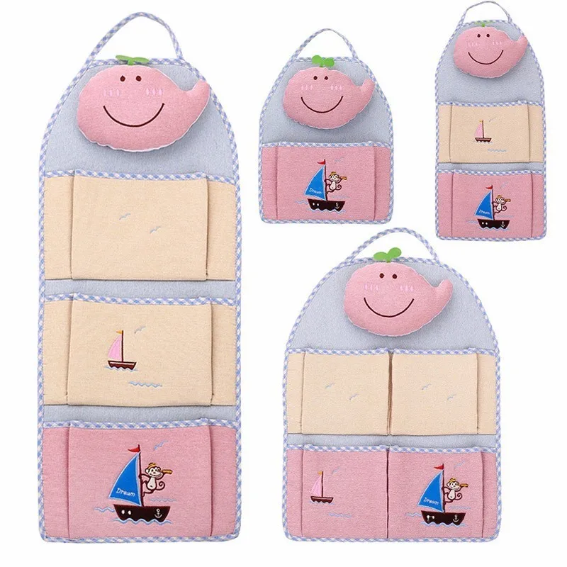 LDAJMW Linen Cartoon Monkey Embroidery 1-4 Pockets Wall Hanging Storage Bag Children Room Organizer Pouch