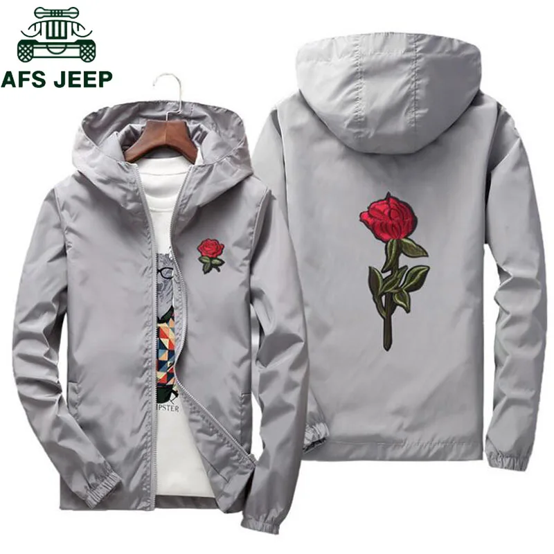Najtaniej AFS JEEP haftowana róża kwiat kurtka wiatrówka mężczyźni duży rozmiar S 7XL kurtka bomber z kapturem skóry męskie kurtki jaqueta masculina