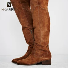 Prova Perfetto/ стиль; однотонные Женские Сапоги выше колена из коровьей замши с вышивкой; большой размер; рыцарские сапоги с круглым носком на массивном каблуке