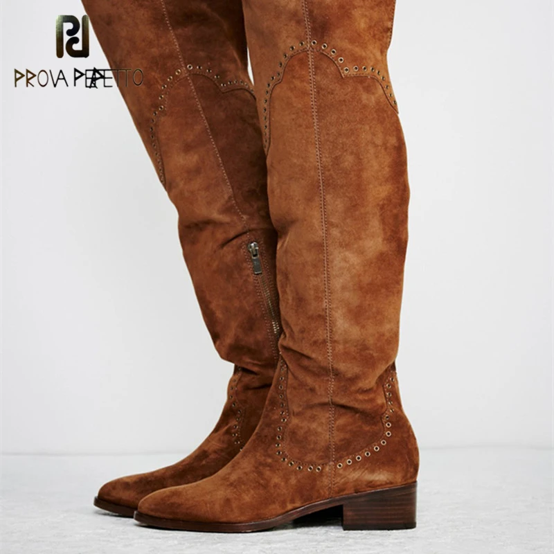 Prova Perfetto New Style Solid Cow Suede Leather Embroider Women Over The Knee Boot Big Size Round Toe Chunky Heels Knight Boots prova perfetto winter plush in warm boots suede leather bling fringe design over the knee boot solid spike heels knight shoes