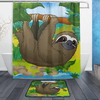 

Funny Sloth Animal Shower Curtain and Mat Set, Cartoon Sloth Forest Tree Waterproof Fabric Bathroom Curtain