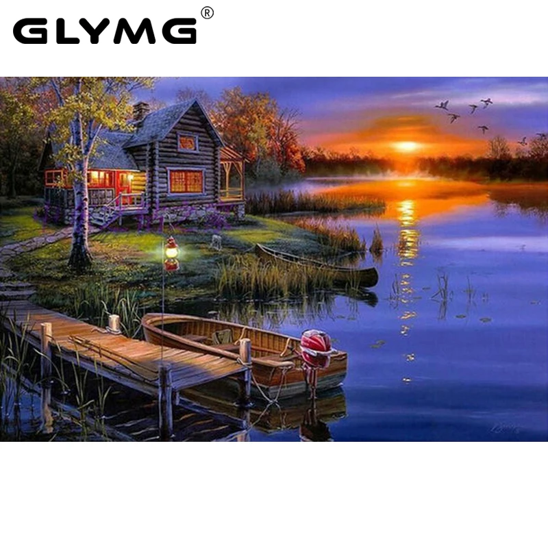 

GLymg Handicraft DIY Diamond Painting Cross Stitch Sunset Landscape Lake House Diamond Embroidery Home Full Drill Home Decor