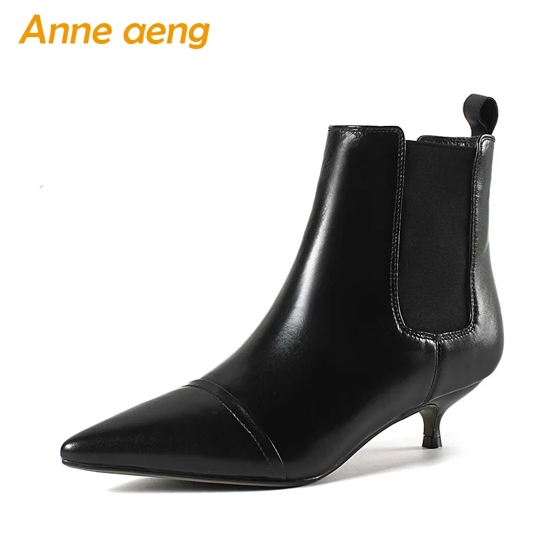 

2019 New Genuine Leather Women Winter Ankle Boots Middle Thin Heels Pointed Toe Elegant Sexy Ladies Snow Boots Black Women Shoes