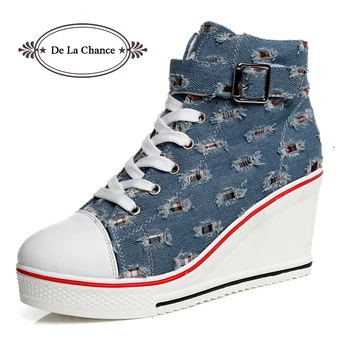 

De La Chance Women Wedges Causal Shoes Woman Breathable Platform Denim Canvas Shoes Hidden Wedge Sneakers Zapatillas Mujer