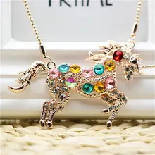 1 шт. модное ожерелье для девочек женские красочные радужные кристаллы позолоченный боевой конь подвеска «Единорог» ожерелье s beeds цепь