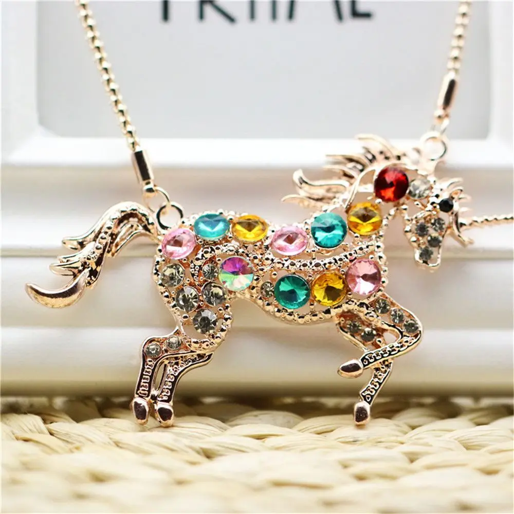 

1pc Trendy Necklace for Girl Woman Colorful Rainbow Crystal Rose Plated Steed Horse Unicorn Pendant Necklaces beeds Chain