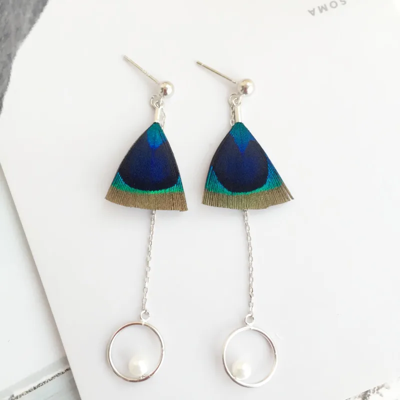 

925 Sterling Silver Vintage Feather Tassel Earrings for Women Girl Gift Fashion Round Circle Drop Earring Jewelry