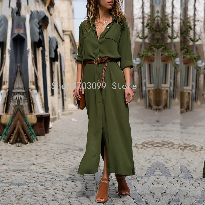 

Simplee Casual button long summer dress shirt 2019 office lady Vintage maxi women dress plus size V neck chiffon dress