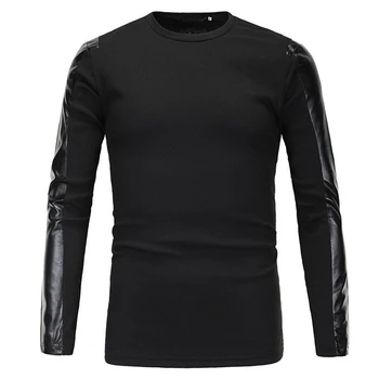 

New Arrival Leather Patchwork Hoodies Men Pullover Casual Solid Color Sweatshirt Men Hoodie Plus Size