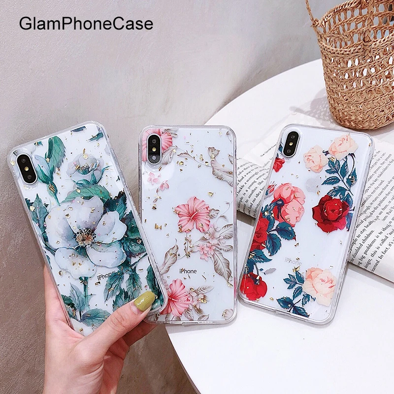 Glam чехол для телефона прозрачный золотой фольгированный цветочный iPhone XS Max XR X 8plus