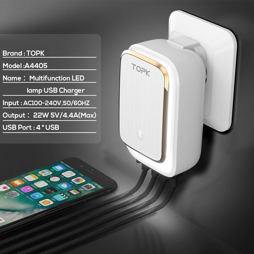  TOPK 4-Port 4.4A (Max) 22W EU USB Ladegerät Adapter LED Lampe Auto-ID Tragbare Handy Reise Ladegerä