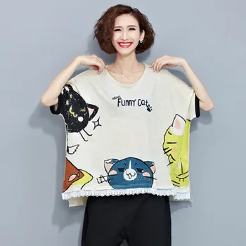 

Plus Size Summer Women T-Shirt Fashion Korean Style Tops Brief O Neck Lovely Cat Pattern Female Casual Loose Funny T shirts