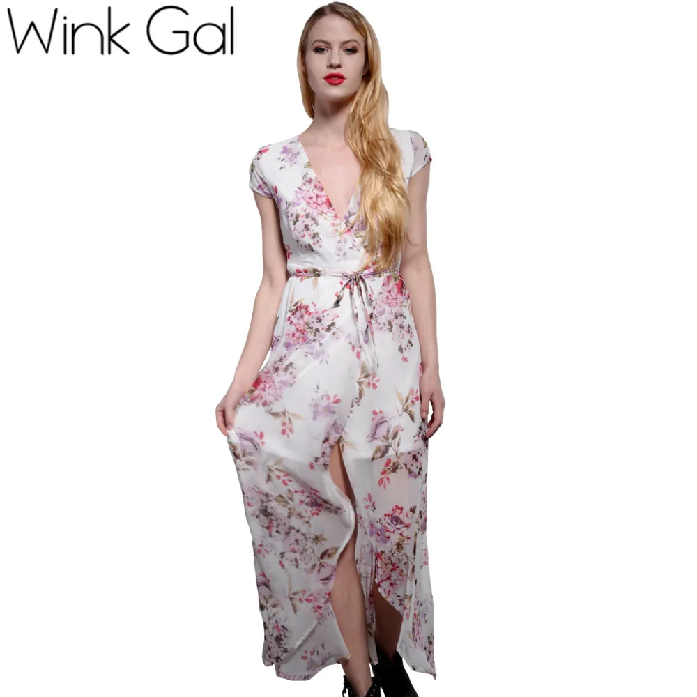 

Wink Gal Elegant Boho Summer Maxi Dress Long Dress Navy Blue Deep V Neck Floral Print Dresses Wrap Dress Women Clothing 3159