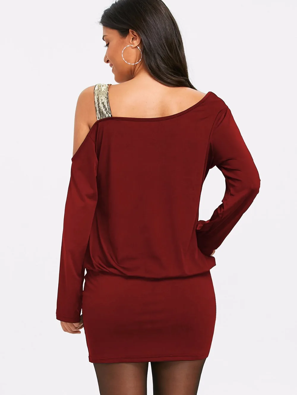 VESTLINDA Long Sleeve Sequins Cold Shoulder Blouson Dress Robe Female Casual Skew Collar Mini Bodycon Dresses Vestidos De Festa 13