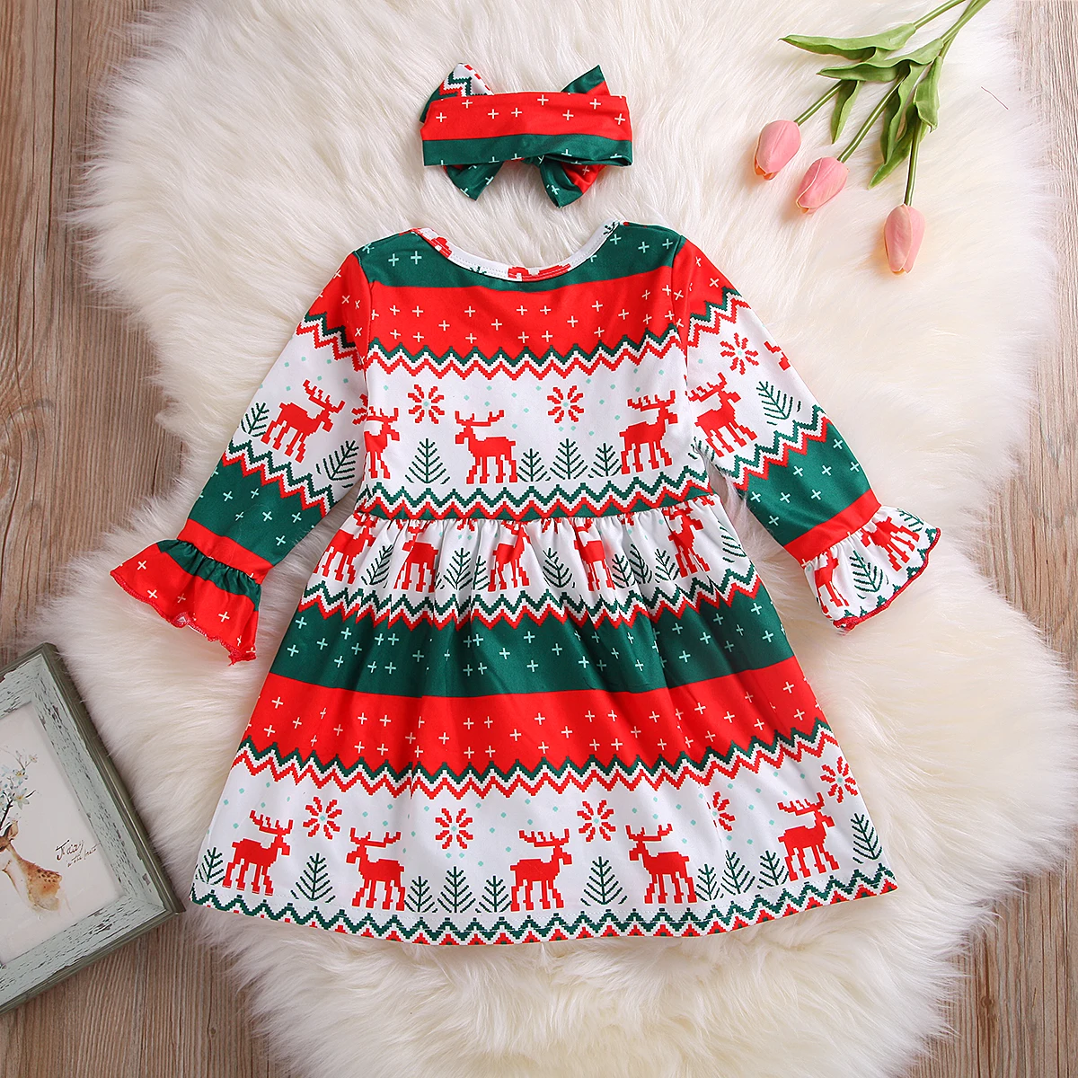 Рождественское платье для девочек; вечерние платья с рисунком снежинки и оленя для малышей; новогодние платья с длинными рукавами для девочек