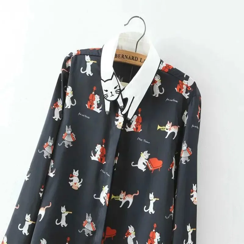 Новинка, милая винтажная шифоновая блуза с вышитым котом и воротником для фортепиано, гитары, кошки, женская рубашка с длинным рукавом, 2 цвета