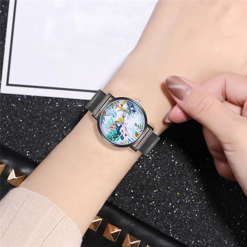 Newly Design Watch Women Girl Analog Stainless Steel Strap Plant Pattern Alloy Analog Quartz Round Watch  Relogio Masculino M23 (5)