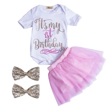 

Baby Girls Infant Newborn Clothes Outfit Cotton Letter Short Sleeve Romper Tops+Tutu Lace Tulle Skirts Headband 3Pcs Sunsuit Set
