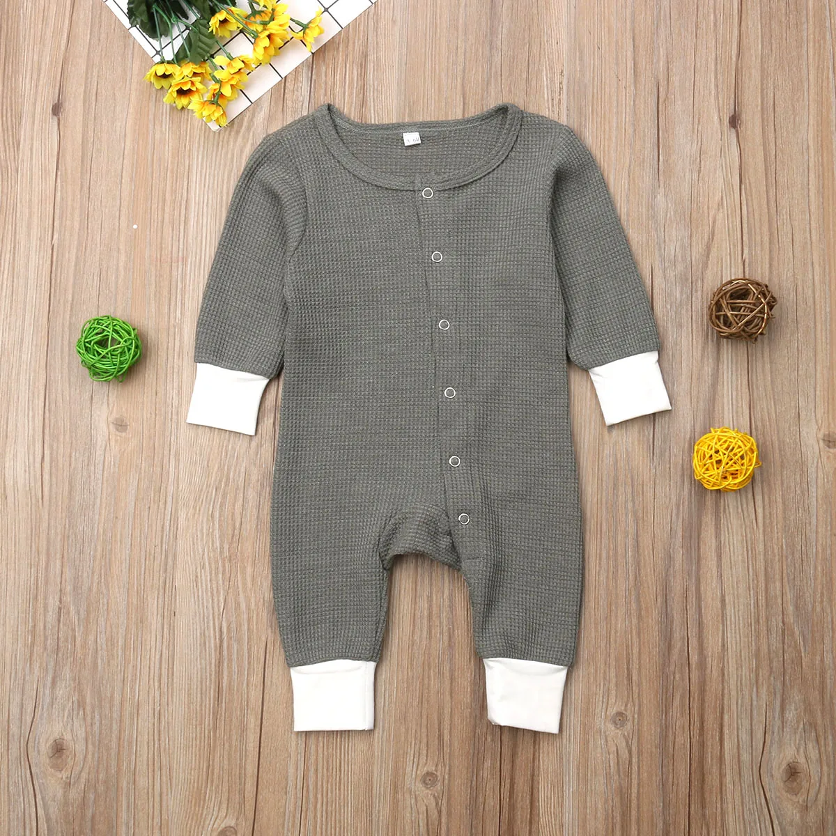 3-18M Newborn Baby Boy Girls One-Piece Jumpsuit Long Sleeve Single Breasted Romper Solid Playsuit Outfit