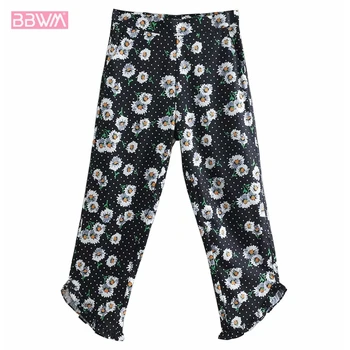 

Bohemian holiday wind small daisies printed wide leg pants high waist slim slimming lace bell pants women 2019