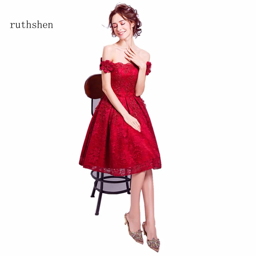 

ruthshen Off Shoulder Red Evening Gowns With Appliques Boat Neck Short Sleeves Prom Dresses Vestido De Noche 2018 For Wedding