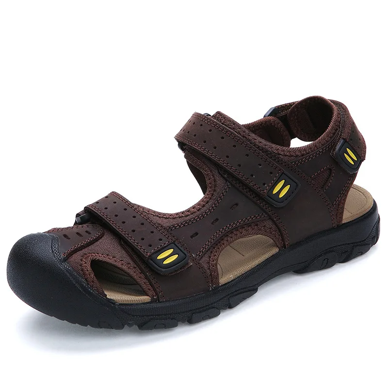 ROXDIA/Новые Модные дышащие мужские сандалии размера плюс 39-47 летняя пляжная обувь из натуральной кожи мужские сандалии повседневная обувь RXM004 - Цвет: Brown sandals