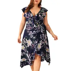 Женское длинное платье больших размеров с оборками и цветочным принтом, свободное платье без рукавов с v-образным вырезом, Женский