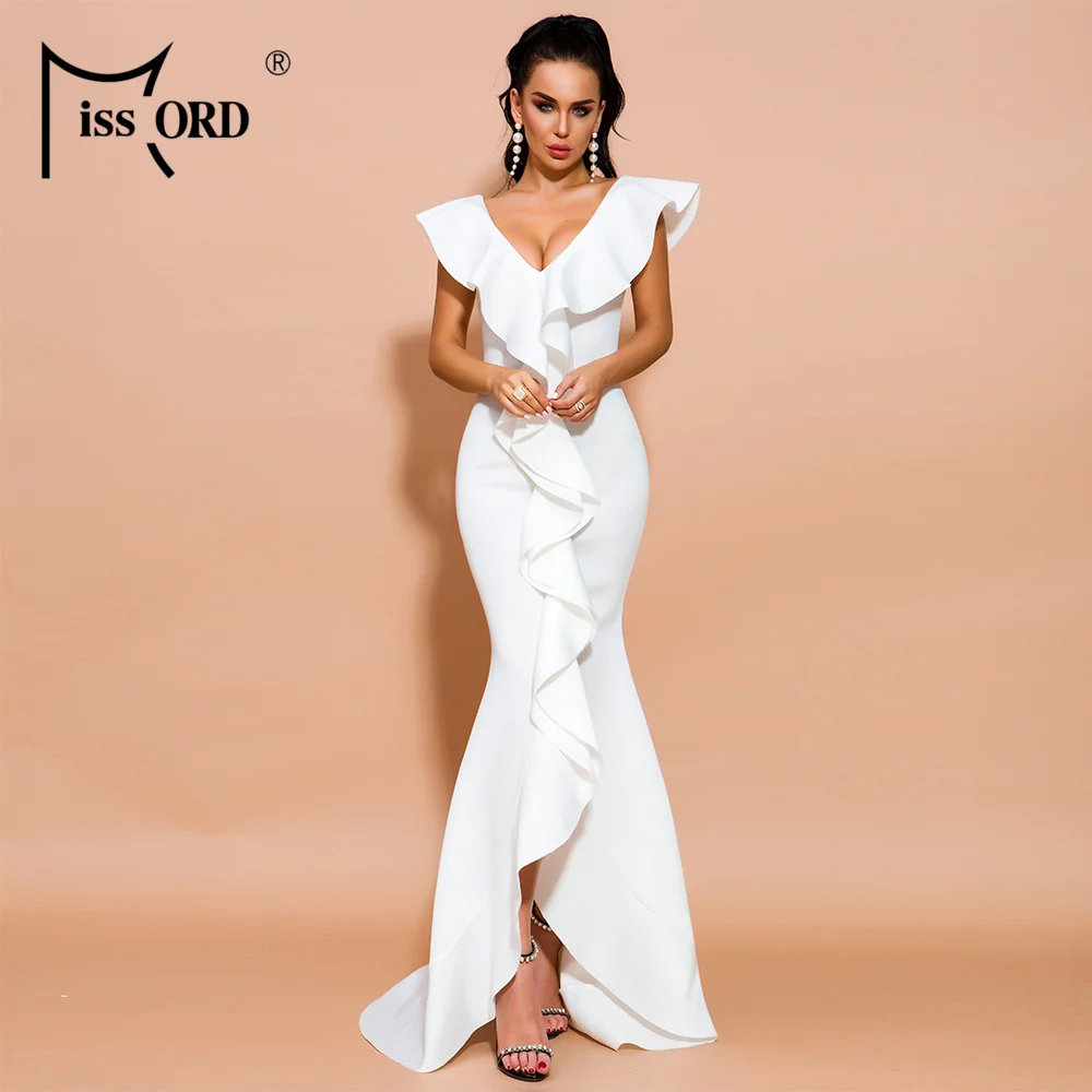 

Missord 2019 Sexy V Neck Ruffles Sleeveless Solid Color Dresses Female Maxi Elegant Dress Vestidos FT19609