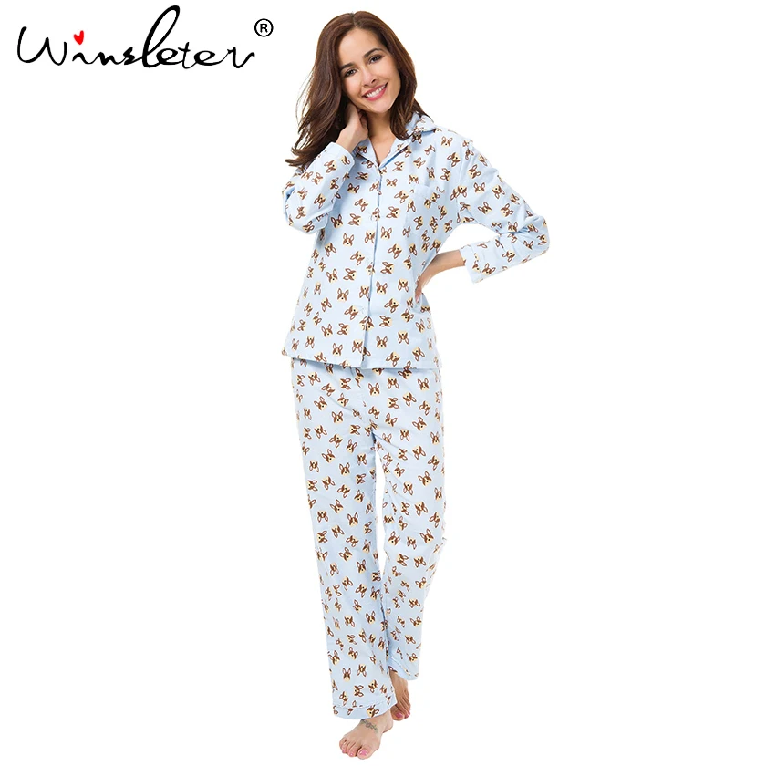 New 2018 Brushed Cotton Pajama Sets Women Cute Dog Head Print 2 Pieces