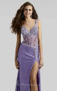 

Sexy V Neck Sequined Split Crystal See Though Backless Long Prom Dress Party Formal Evening Dress