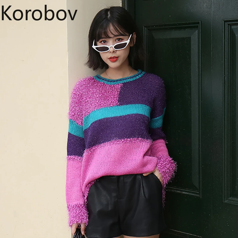 

Korobov Korean Fashion Lurex Women Sweaters Harajuku Hit Color Patchwork Sueter Mujer Long Sleeve O Neck Knitted Jumper 78258