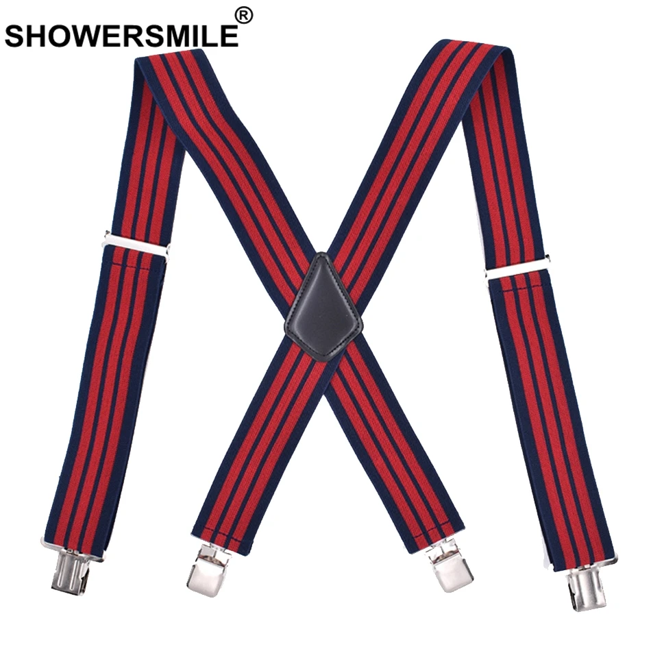 

SHOWERSMILE Red Stripe Suspenders Wide 5cm Braces Suspender For Men 4 Clips X Back Elastic Business Male Shirt Suspenders 120cm