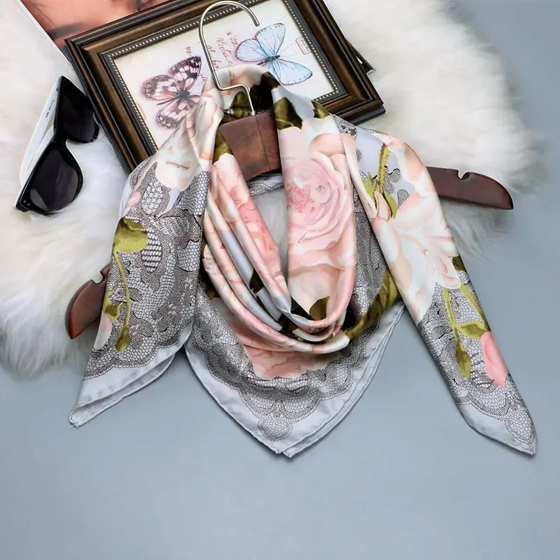 

HANSCARF Floral Lace Printed 100% Pure Silk Scarf, Women's Big Square 90 Silk Twill Scarfs Wraps Shawl Quality Hand Rolled Edge
