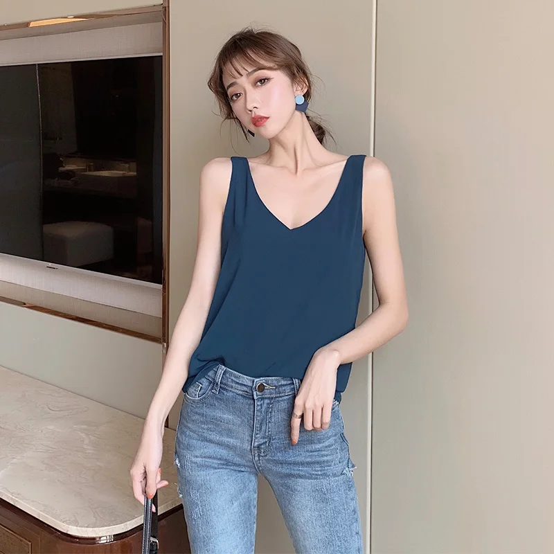 

2019 Women Fashion Summer Chiffon Tank Top Women Sexy Loose top Ladies strap Sleeveless V Neck Shirt top Female Camisole