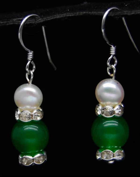 

Hot selling> wb003 Pretty 10mm Natural Green Jade White Akoya Pearl 925 Silver Hook Earrings -Bride jewelry free shipping
