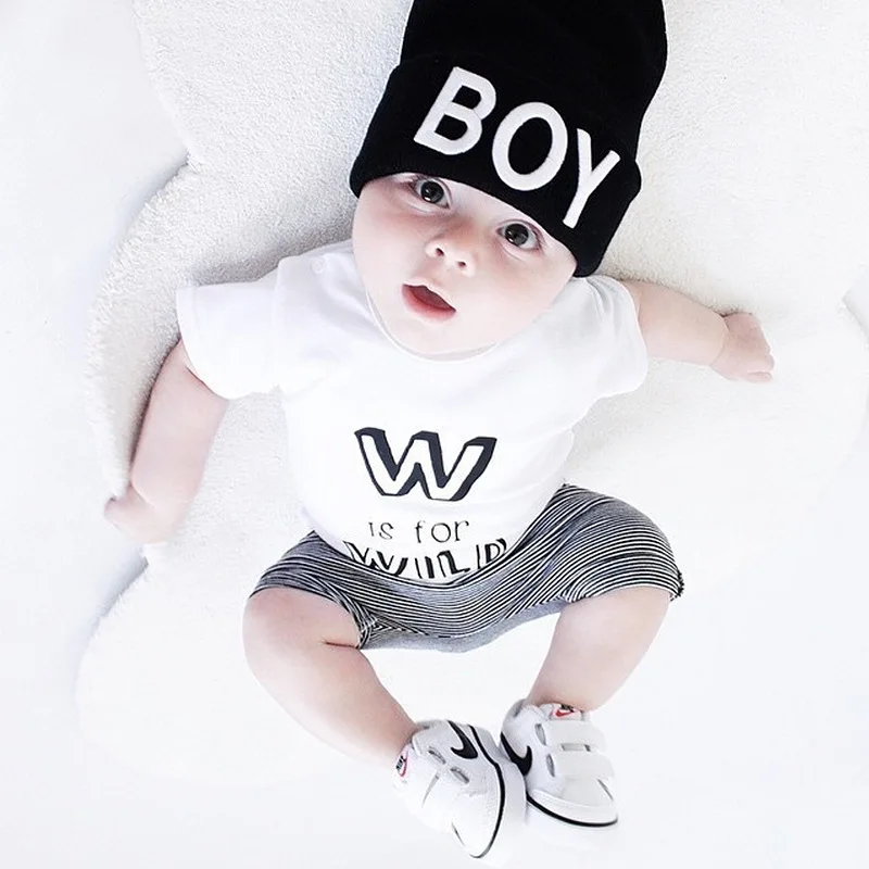 CieiK Summer Baby Girls Clothes Set 2PCS Short T shirt + Pant Letter Newborn Boys Костюмы Хлопок Младенец Полосатая